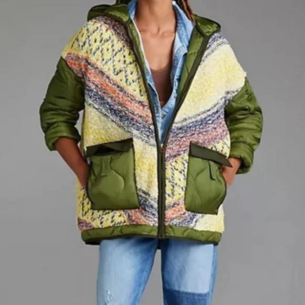 Anthropologie Pilcro XS Knit Quilted Hooded Puffer Coat Jacket Moss Green